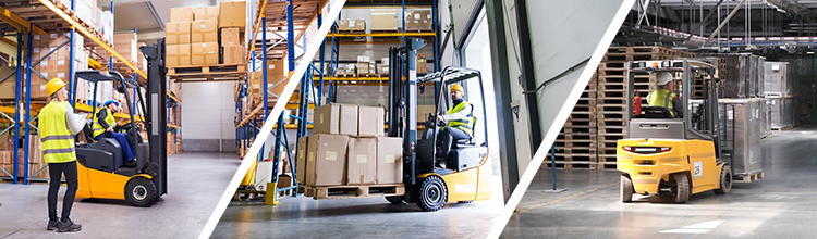 Forklift Training and forklift moving boxes in warehouse
